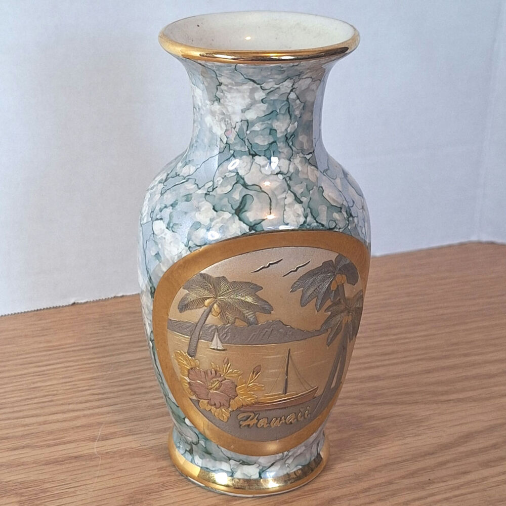 VTG Art of Chokin Hawaii Vase 24K Gold Trim Marbled Blue Sailboat Japanese EUC